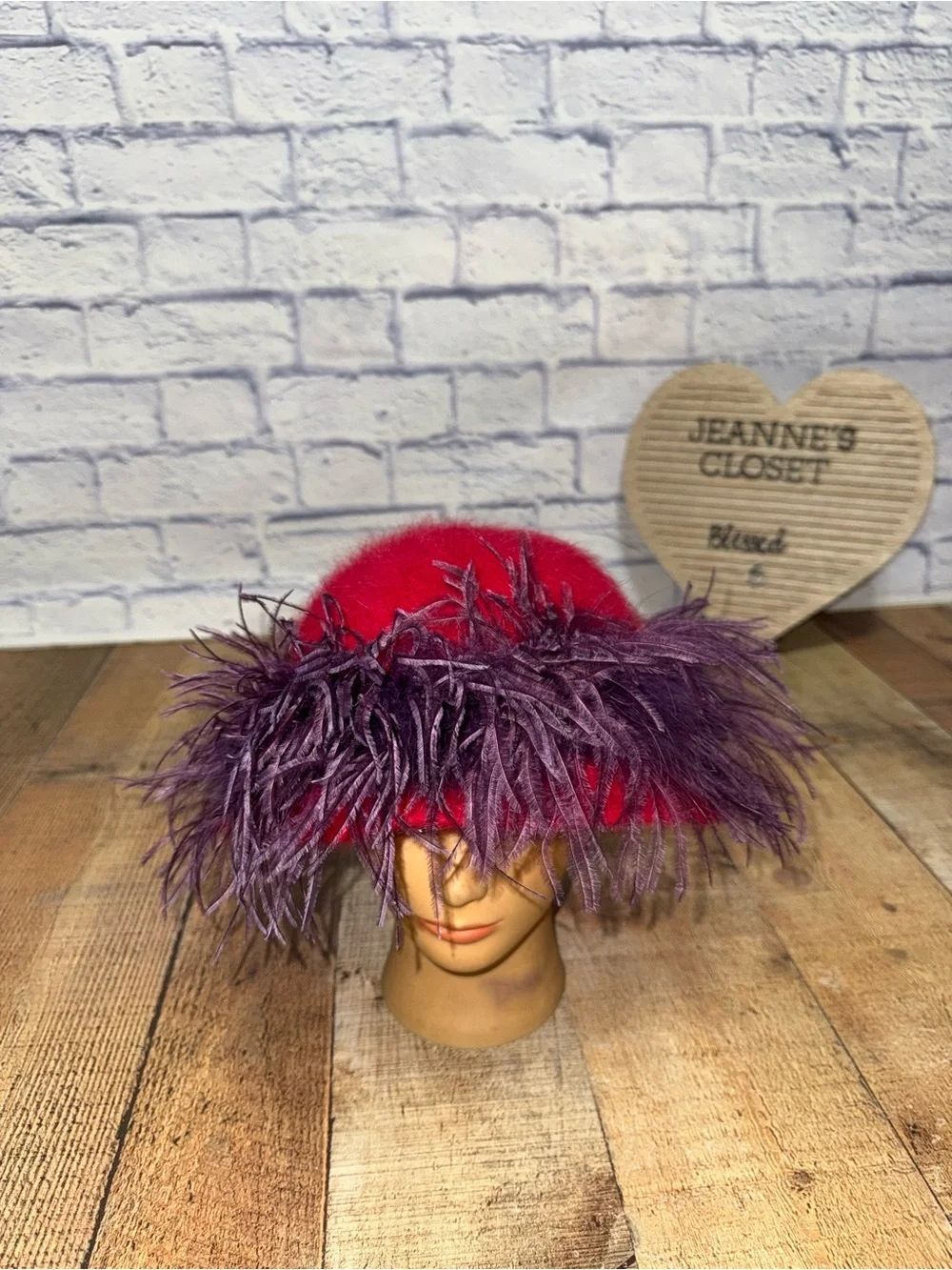 Rabbit Hair Red Hat with Purple Ostrich Plume - Pop of Red Bollywood Style
